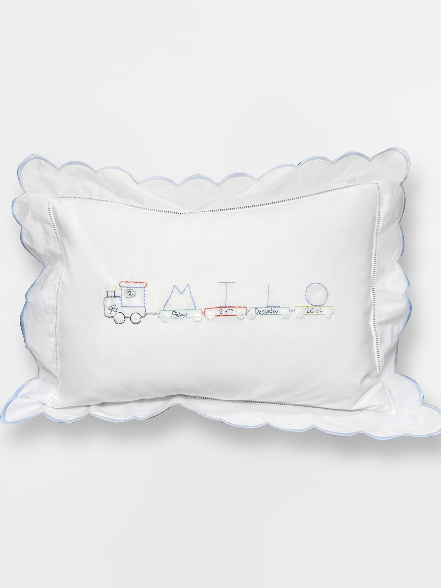 Hand Embroidered Train Baby Scalloped Pillowcase