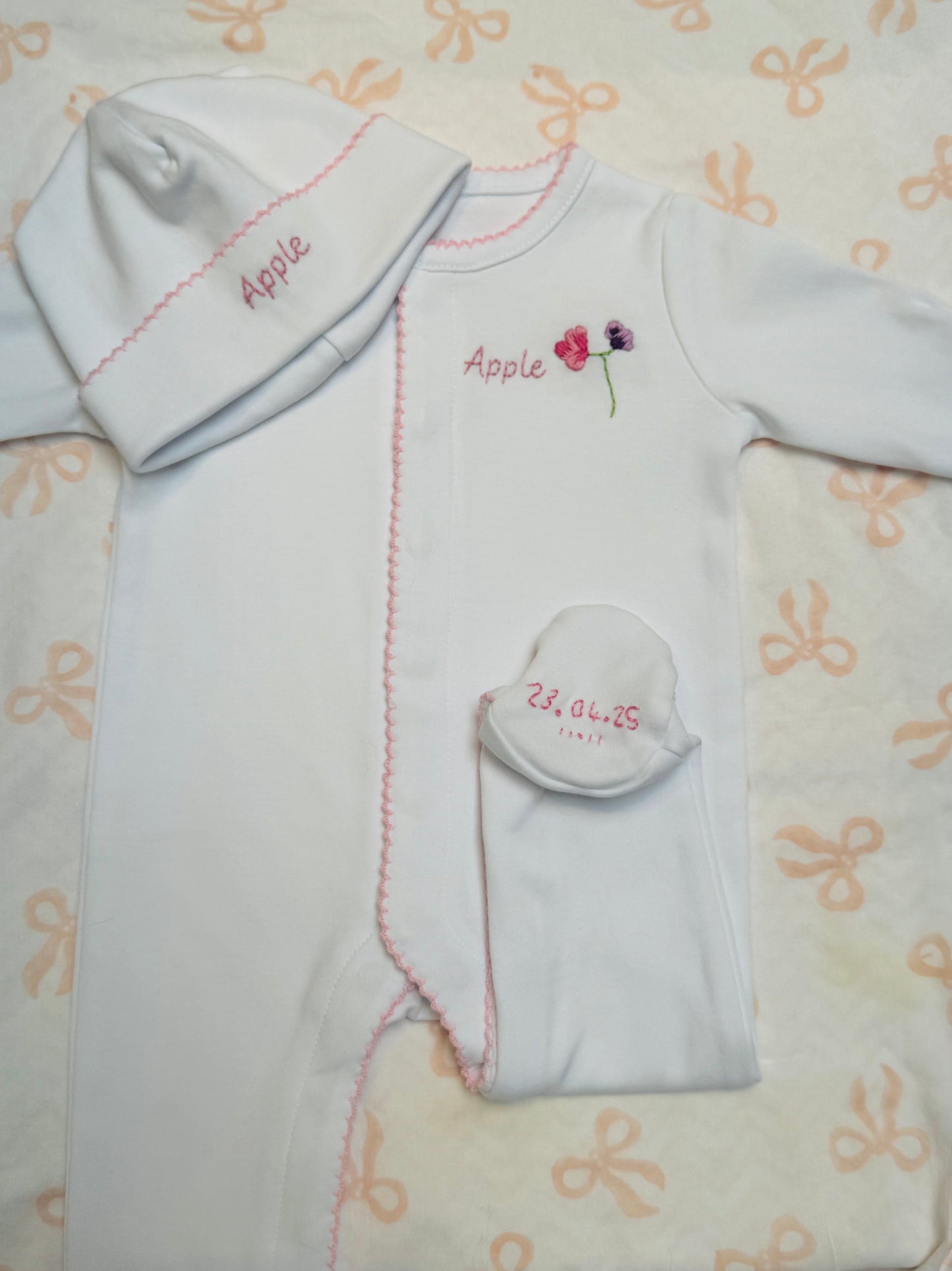 Hand Embroidered Personalised Organic Cotton Babygrow & Hat