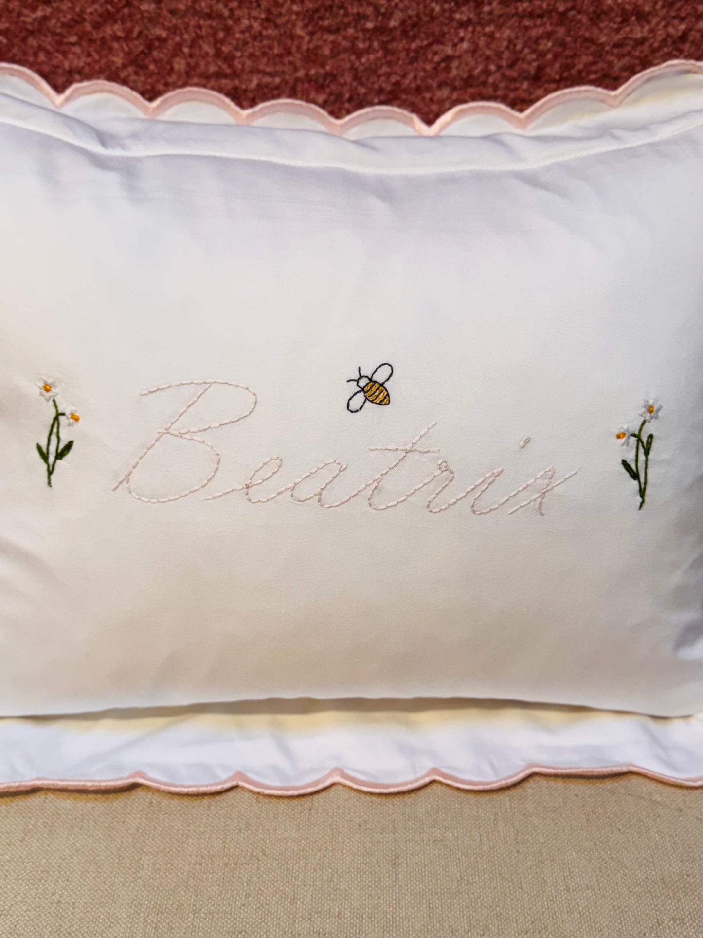 Embroidered Flower Motif Baby Scalloped Pillowcase