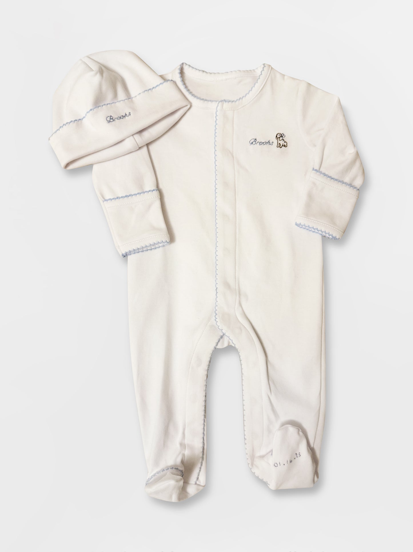 Hand Embroidered Personalised Organic Cotton Babygrow & Hat