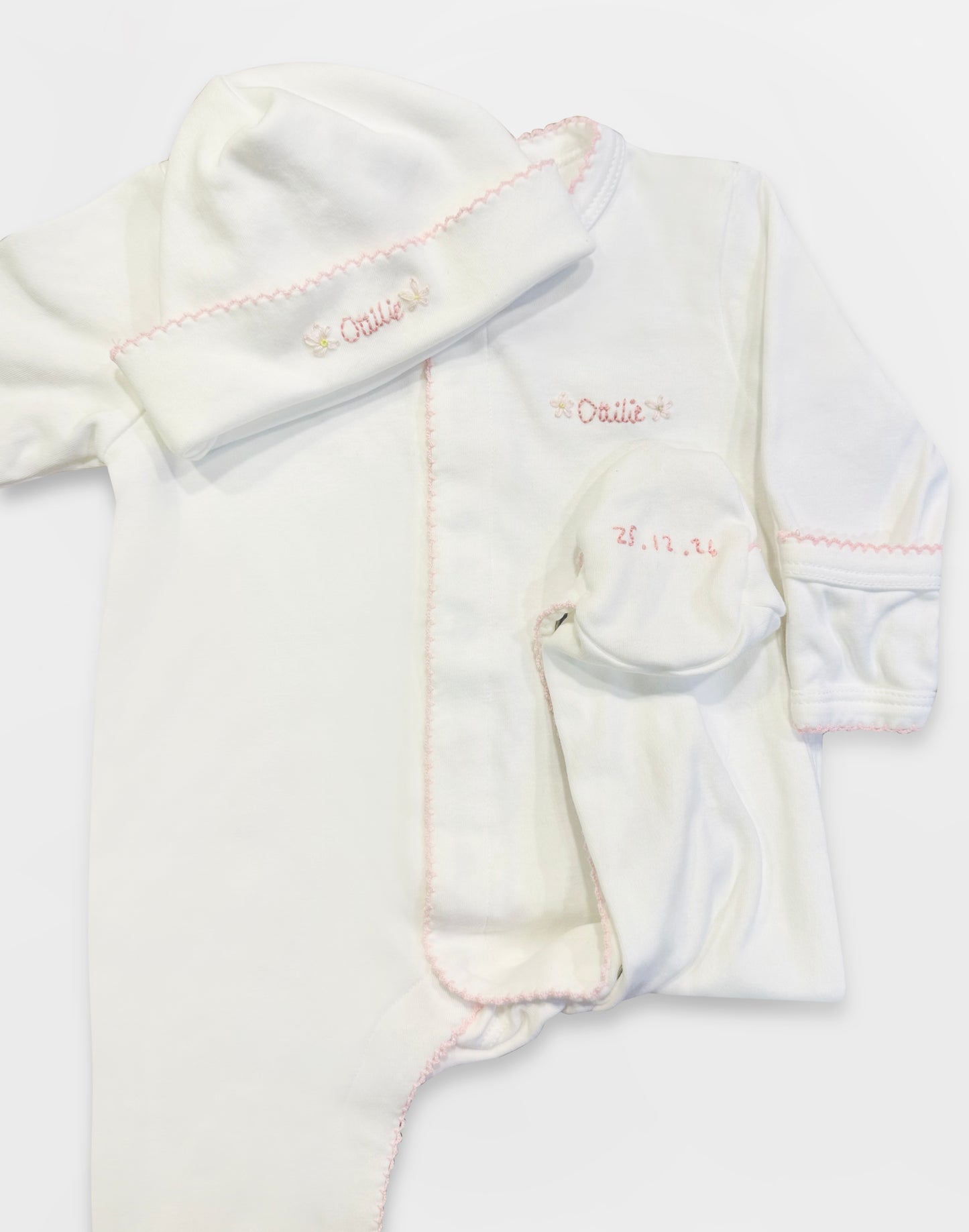 Hand Embroidered Personalised Organic Cotton Babygrow & Hat
