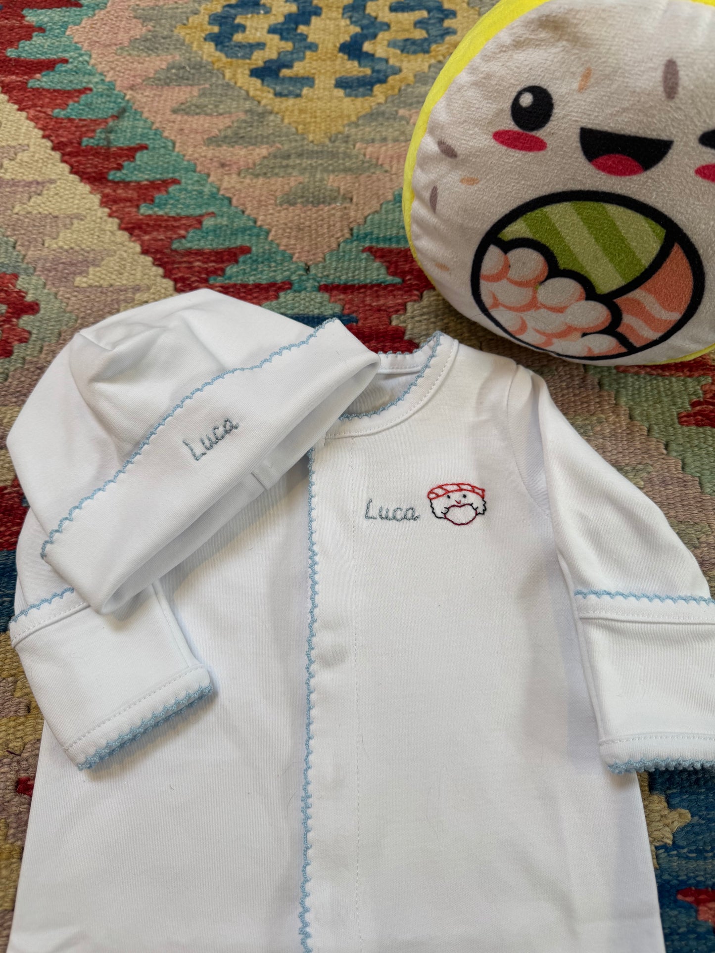 Hand Embroidered Personalised Organic Cotton Babygrow & Hat