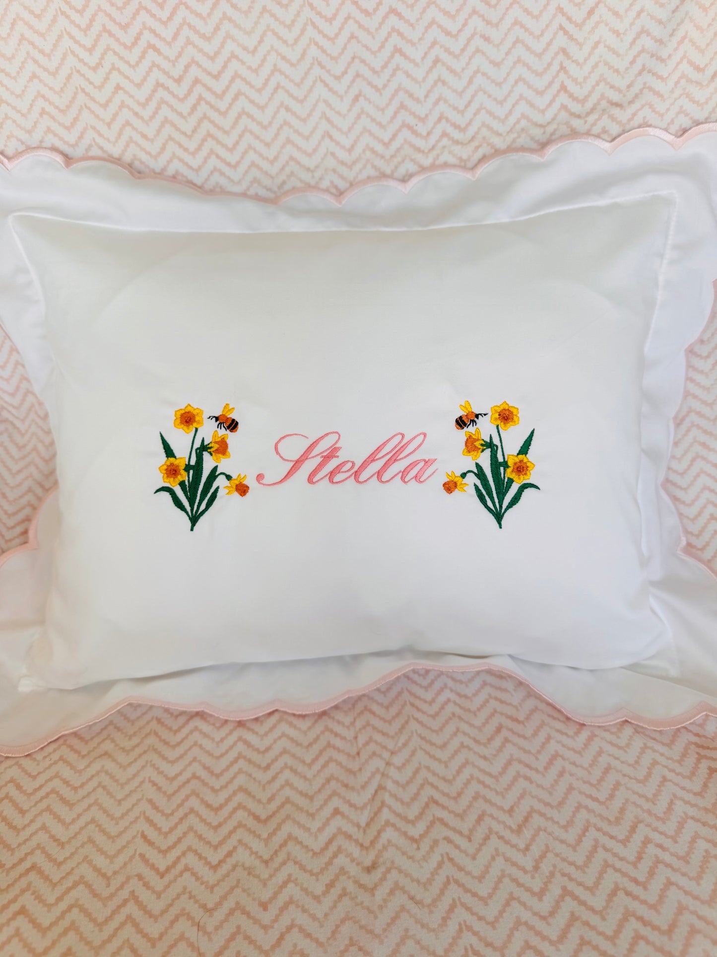 Embroidered Daffodil Flower Baby Scalloped Pillowcase