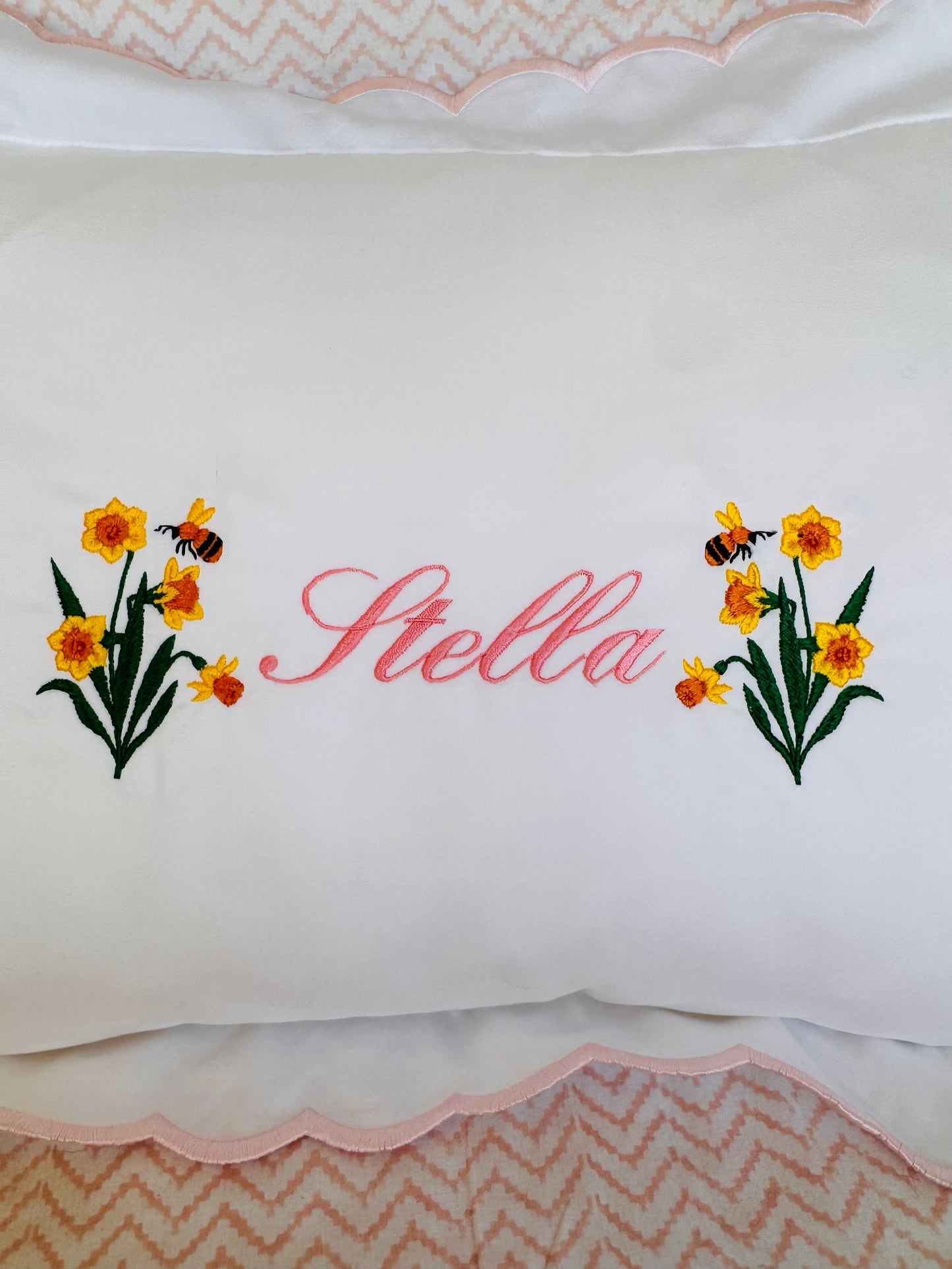 Embroidered Daffodil Flower Baby Scalloped Pillowcase