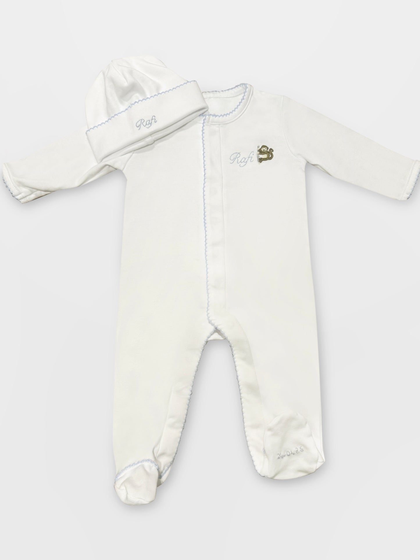 Hand Embroidered Personalised Organic Cotton Babygrow & Hat