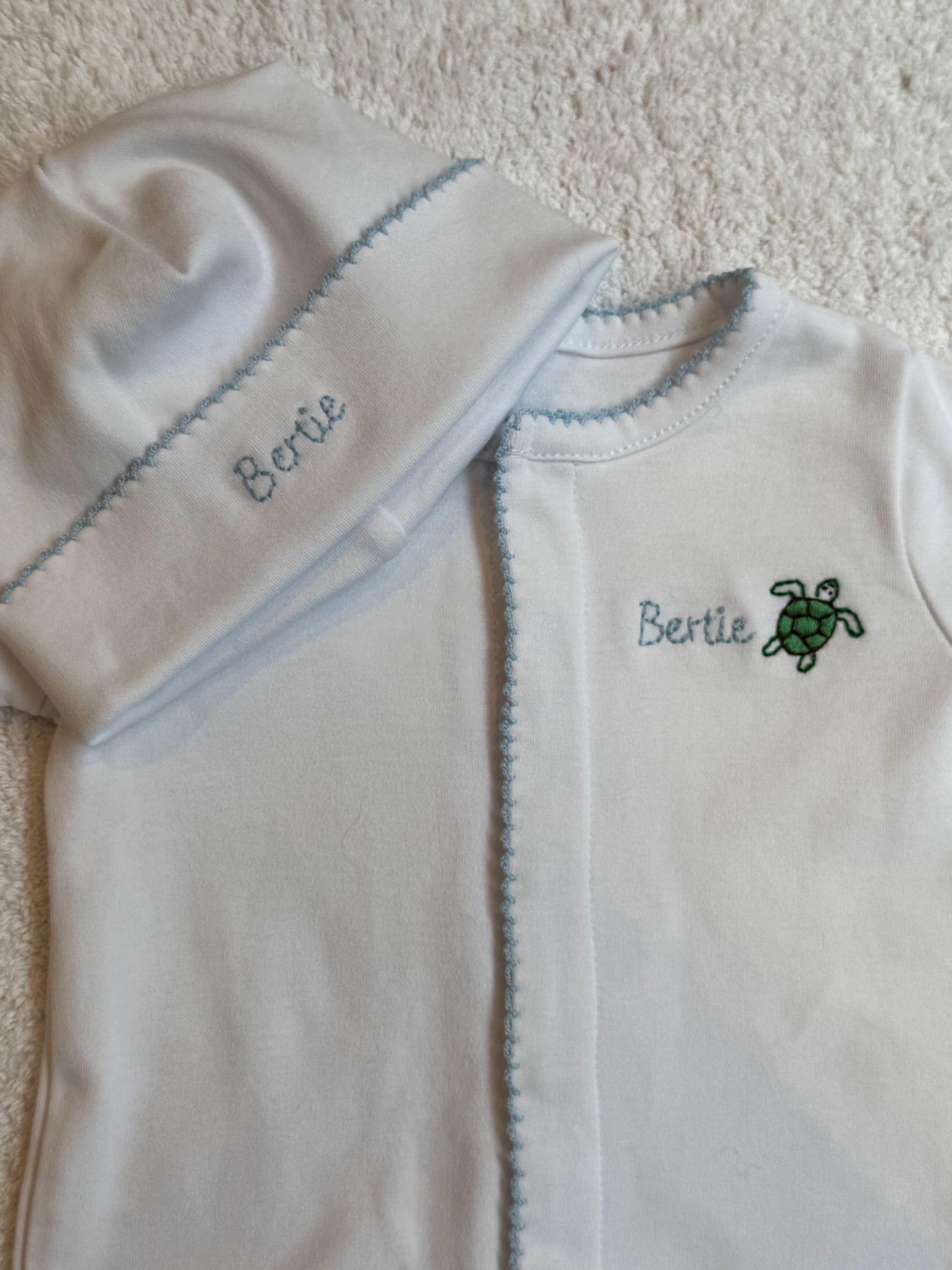 Hand Embroidered Personalised Cotton Babygrow & Hat