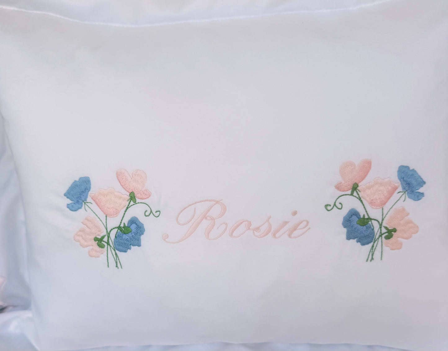 Embroidered Sweet Pea Flower Baby Scalloped Pillowcase