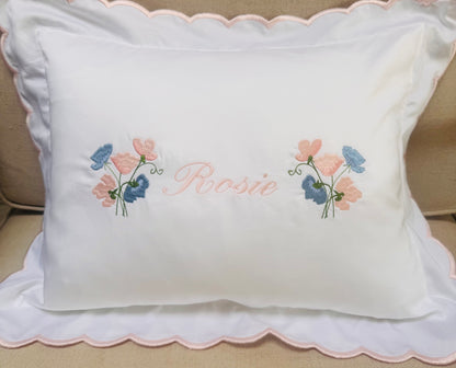 Embroidered Sweet Pea Flower Baby Scalloped Pillowcase