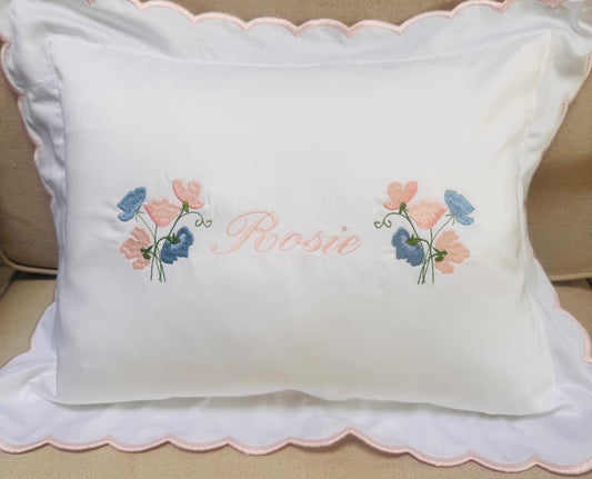 Embroidered Sweet Pea Flower Baby Scalloped Pillowcase