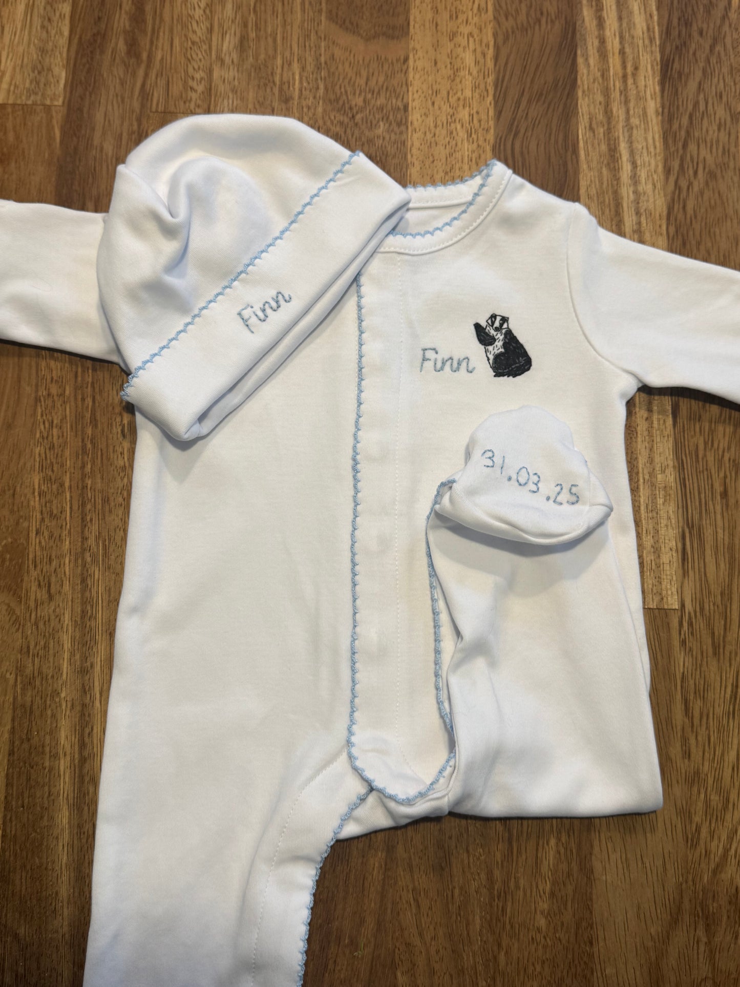 Hand Embroidered Personalised Organic Cotton Babygrow & Hat