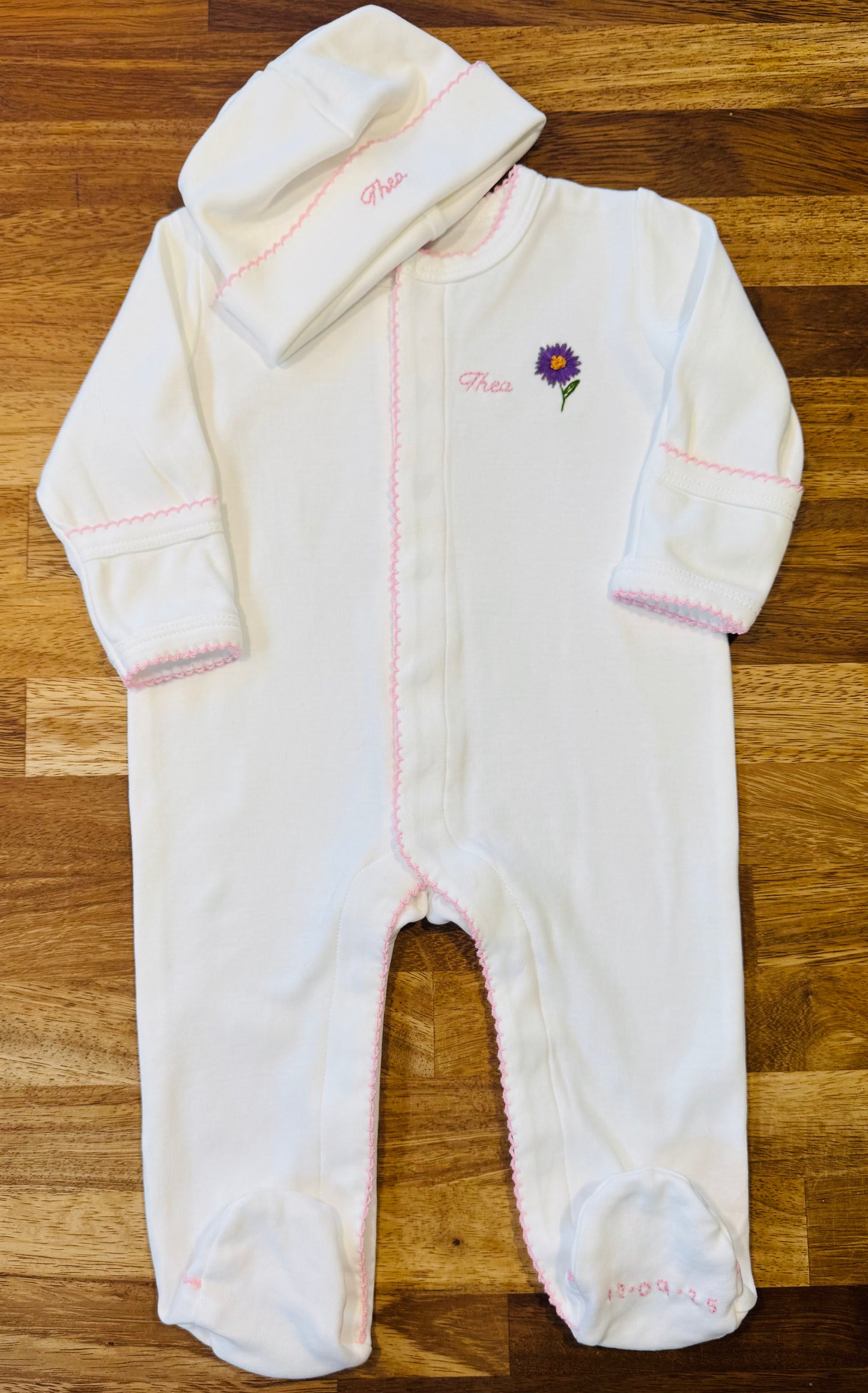 Hand Embroidered Personalised Cotton Babygrow & Hat