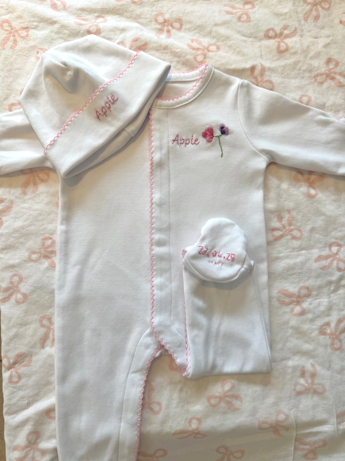 Hand Embroidered Personalised Cotton Babygrow & Hat