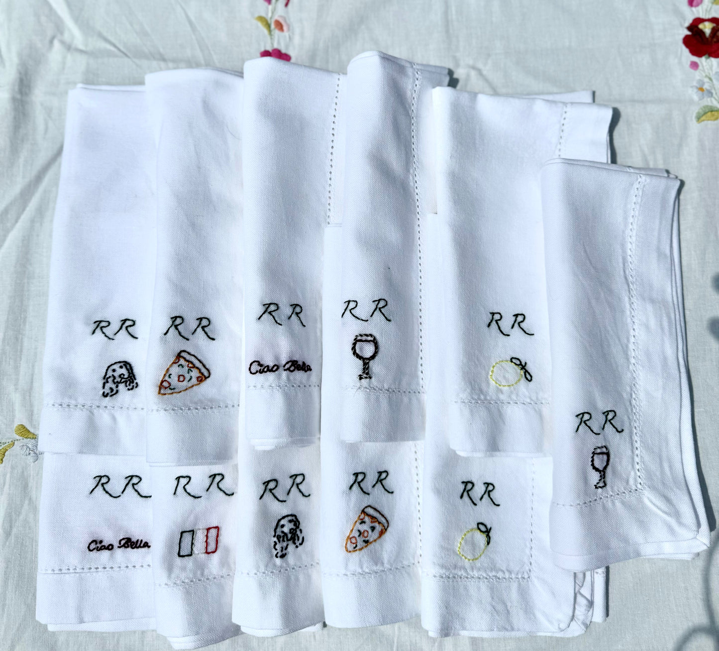 Hand Embroidered Personalised Icon Napkins