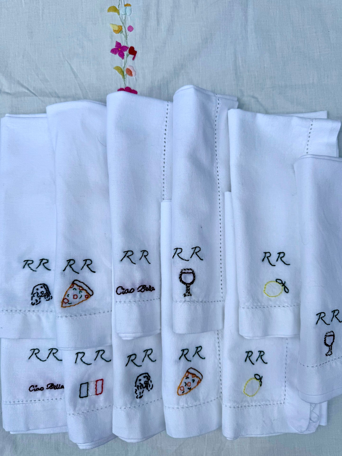 Hand Embroidered Personalised Icon Napkins