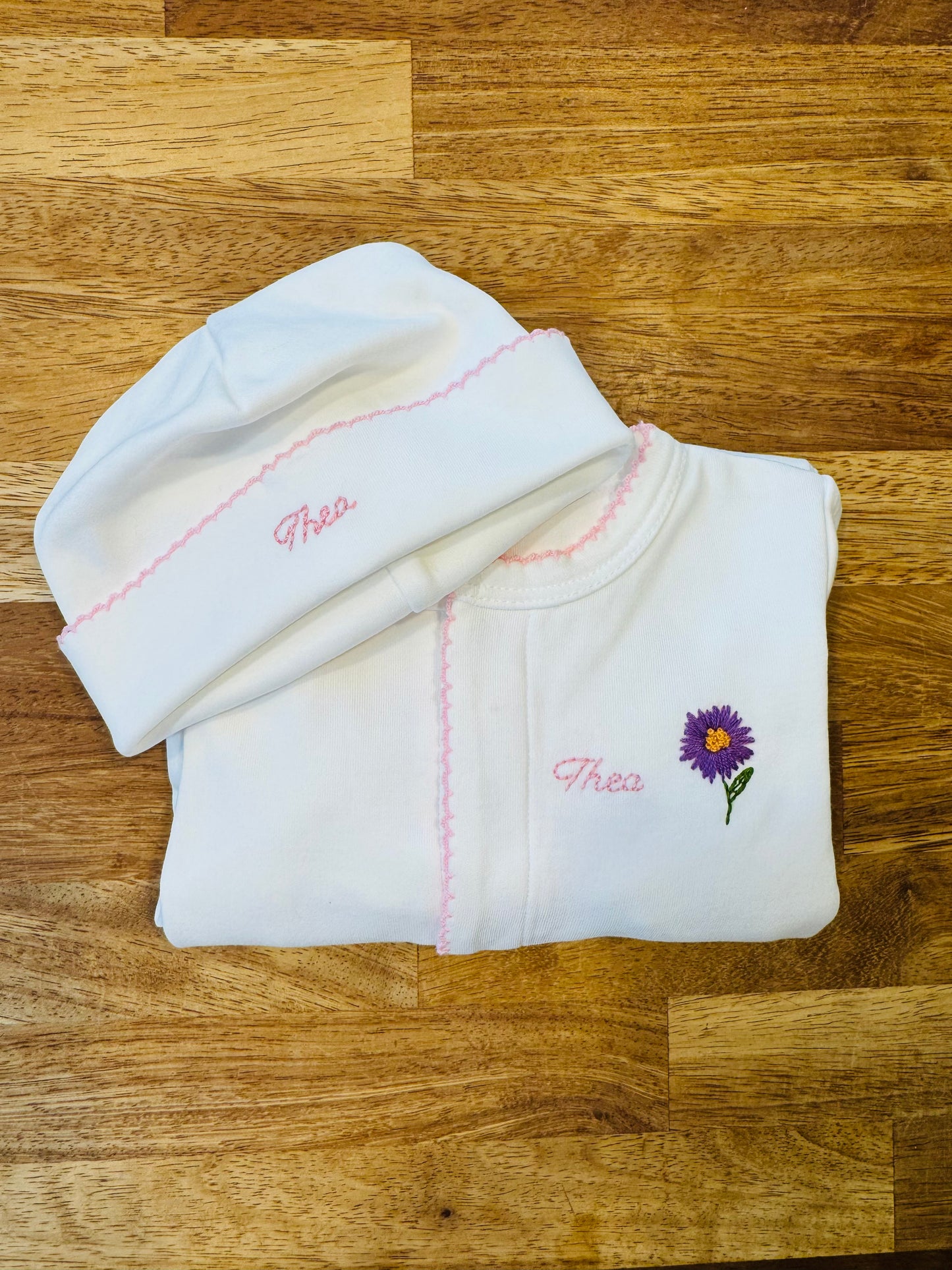 Hand Embroidered Personalised Cotton Babygrow & Hat