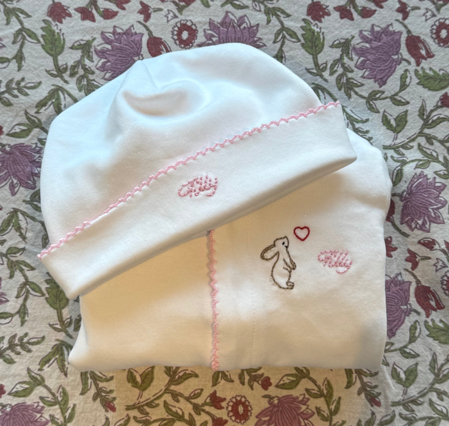 Hand Embroidered Personalised Cotton Babygrow & Hat
