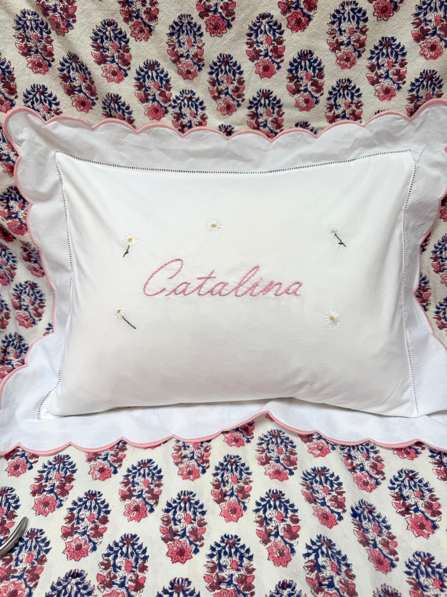 Embroidered Flower Motif Baby Scalloped Pillowcase