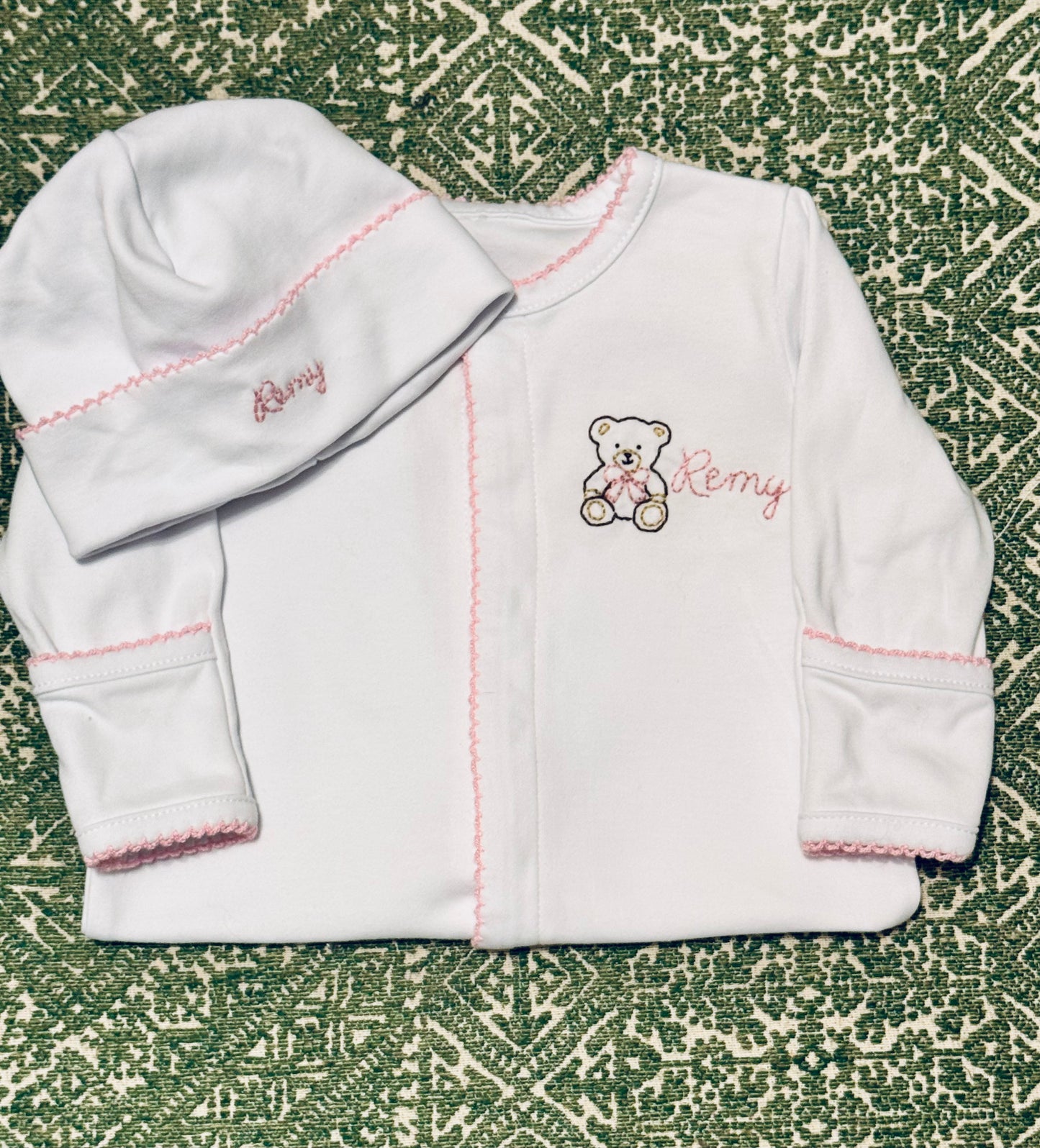 Hand Embroidered Personalised Cotton Babygrow & Hat
