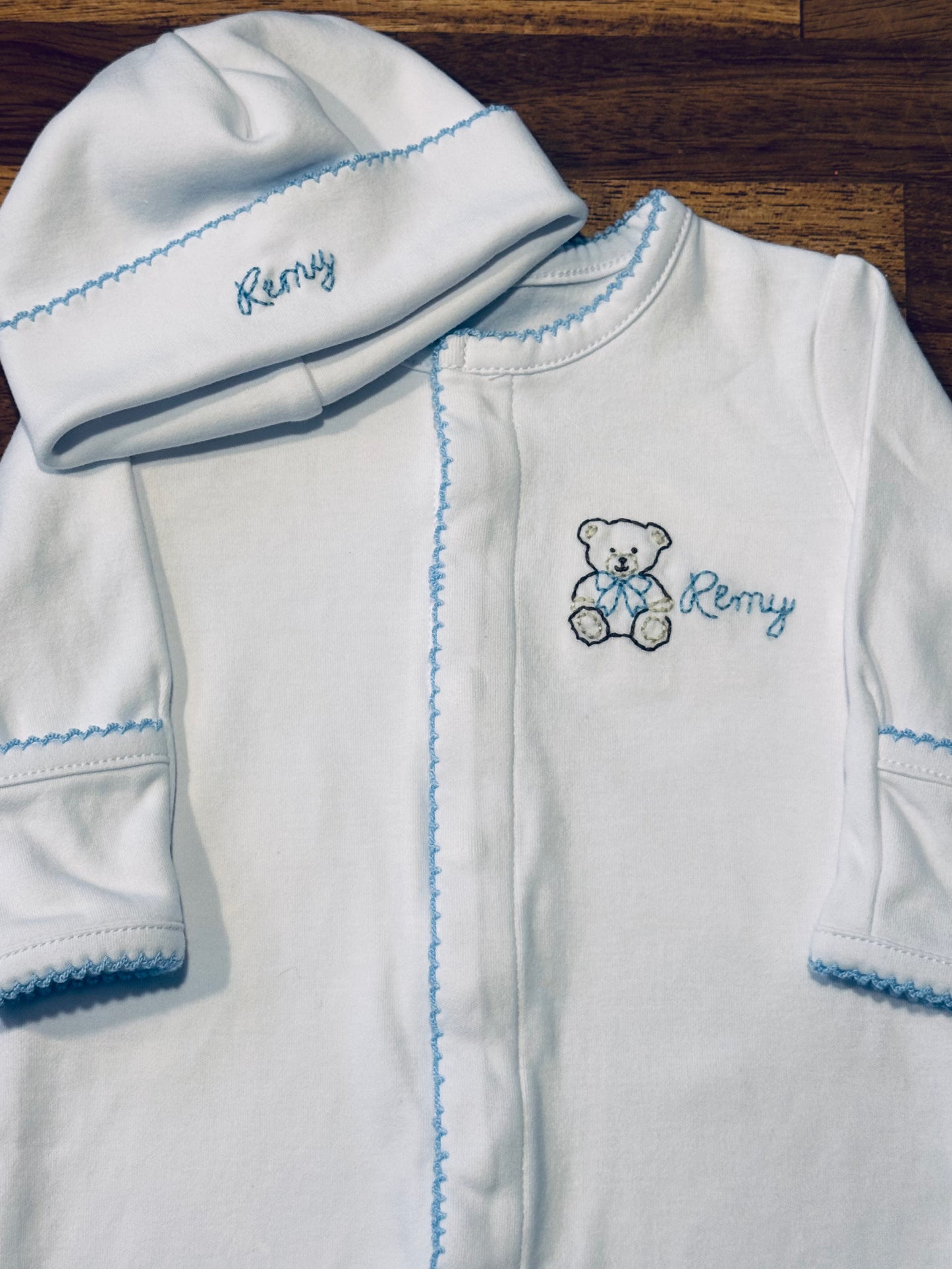 Hand Embroidered Personalised Cotton Babygrow & Hat