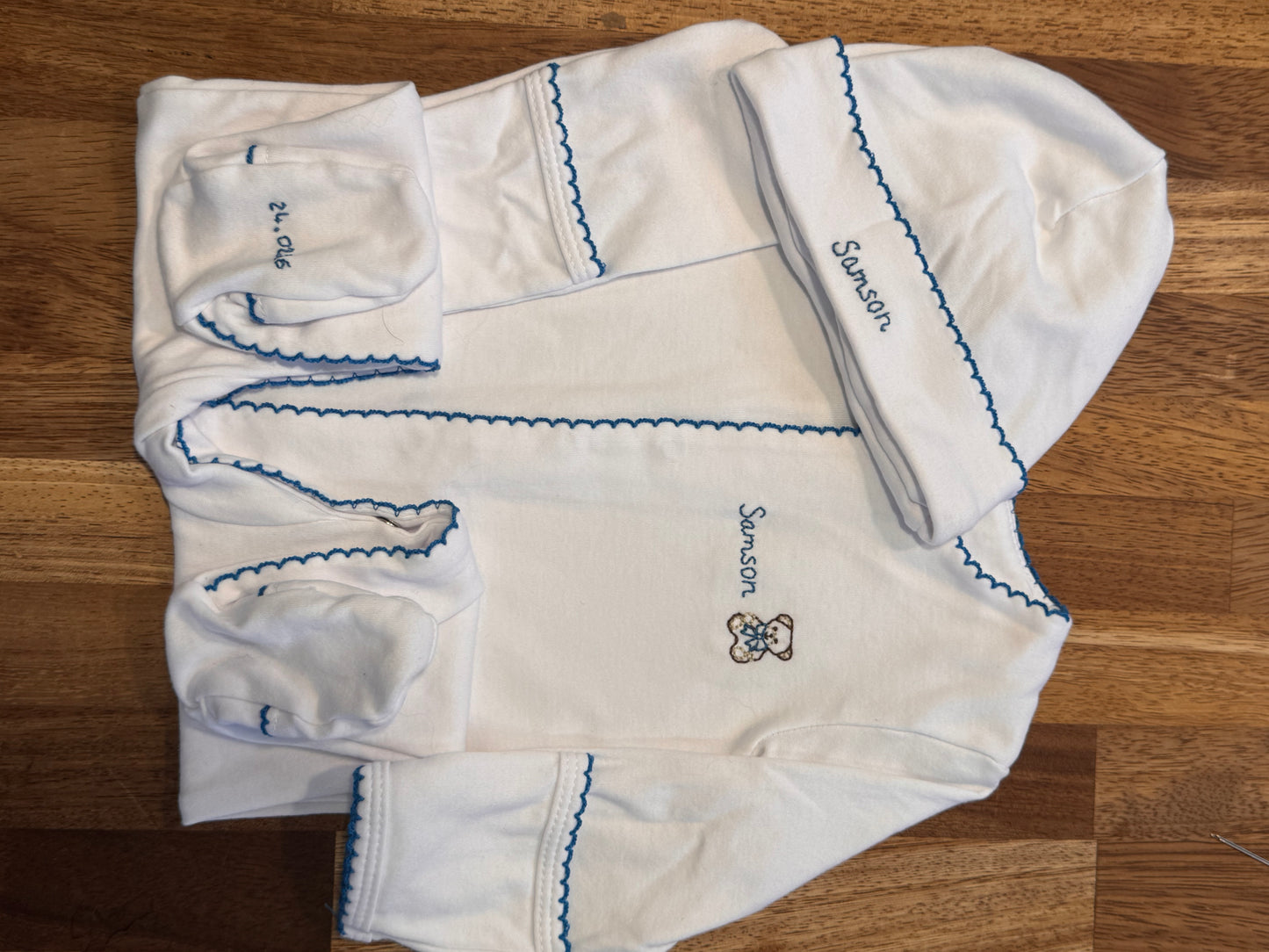 Hand Embroidered Personalised Cotton Babygrow & Hat