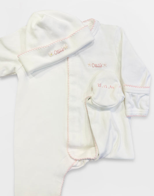 Hand Embroidered Personalised Organic Cotton Babygrow